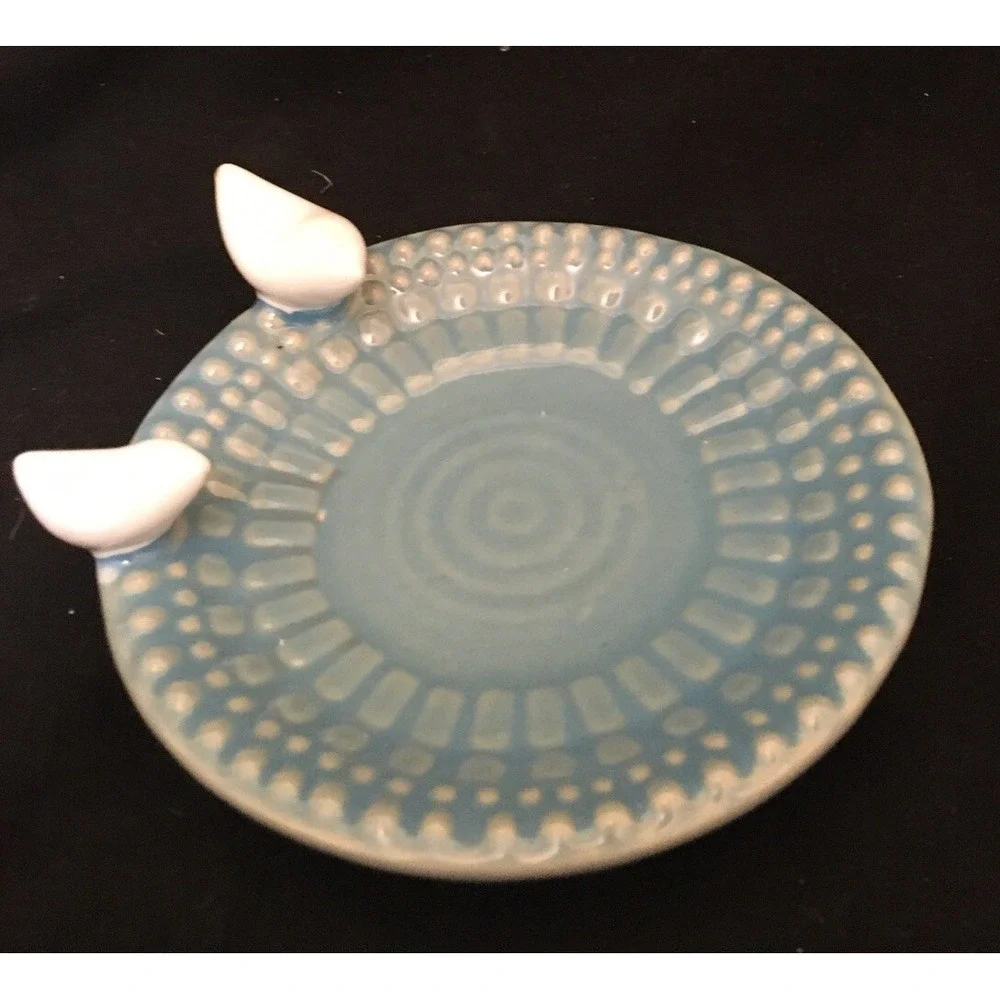 Oh Gussie! Aqua Stoneware Round Trinket Dish with White Birds